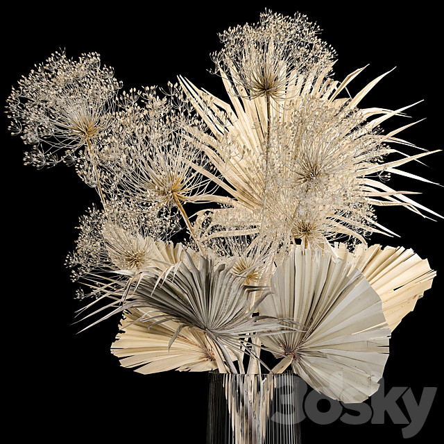 Bouquet 240. Dried flower luxury decor twigs vase hogweed twigs dry palm leaf dry stabilized painted Bouquet of bleached dry flowers 3ds Max - thumbnail 2