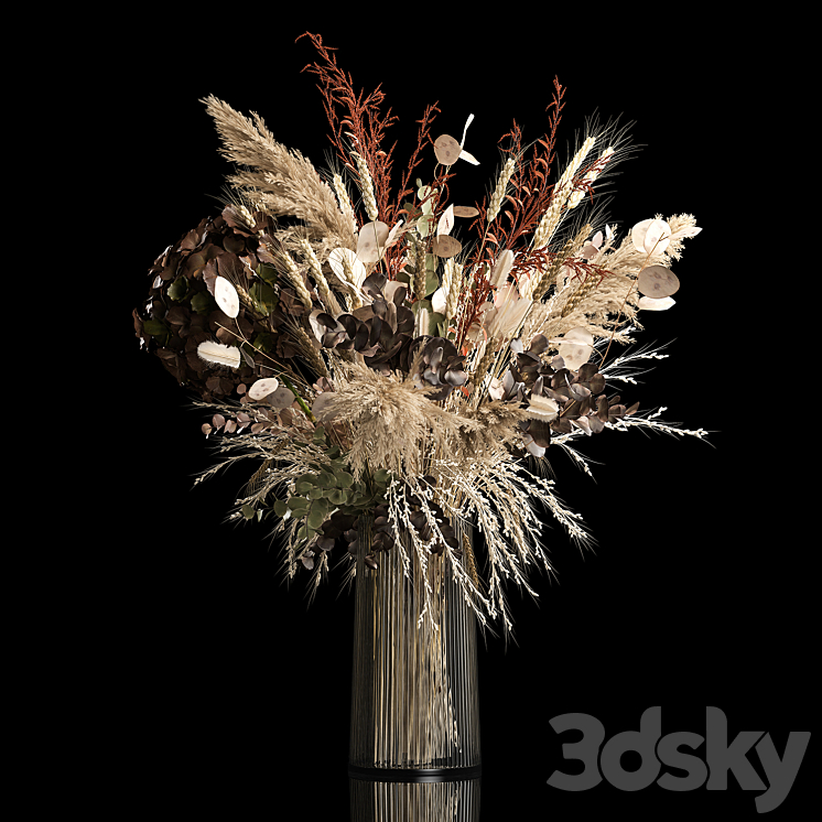 Bouquet in a glass vase made of dried flower hydrangea pampas grass reed cortaderia lunnik. 259. 3DS Max - thumbnail 1