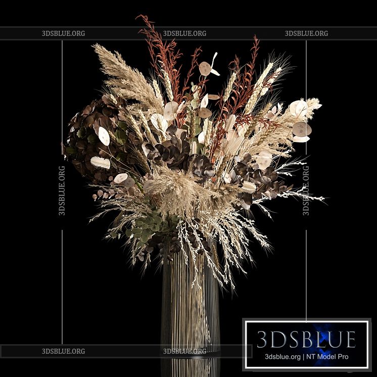 Bouquet in a glass vase made of dried flower hydrangea pampas grass reed cortaderia lunnik. 259. 3DS Max - thumbnail 3