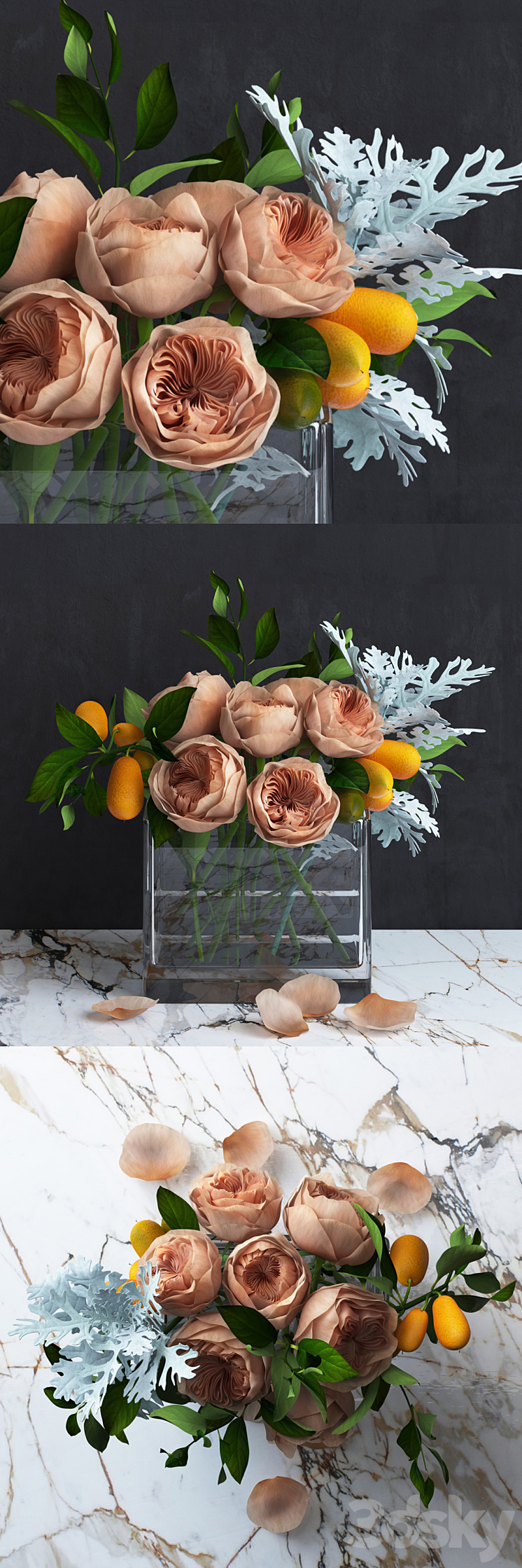 Bouquet of Austin's Roses Kumquat and Dusty Miller plant 3DS Max - thumbnail 1