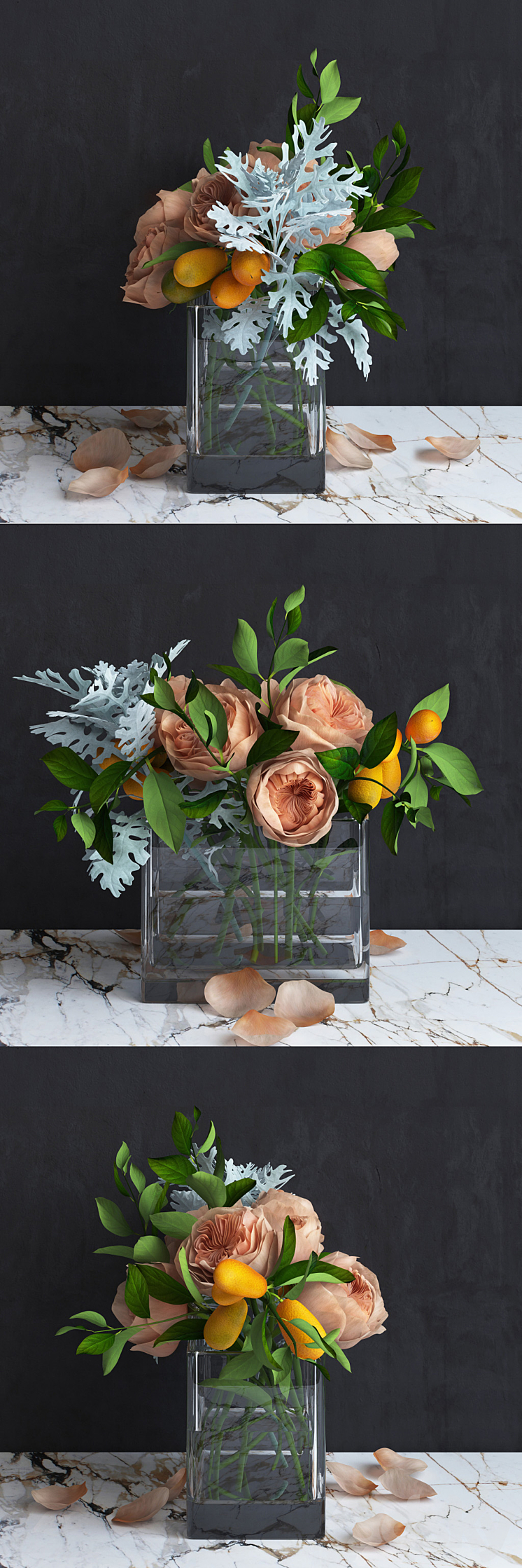 Bouquet of Austin's Roses Kumquat and Dusty Miller plant 3DS Max - thumbnail 2