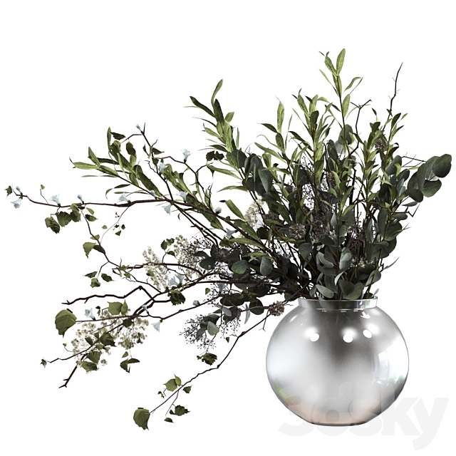 Bouquet of branches with foliage sprigs of eucalyptus olive and flowers 3ds Max - thumbnail 1