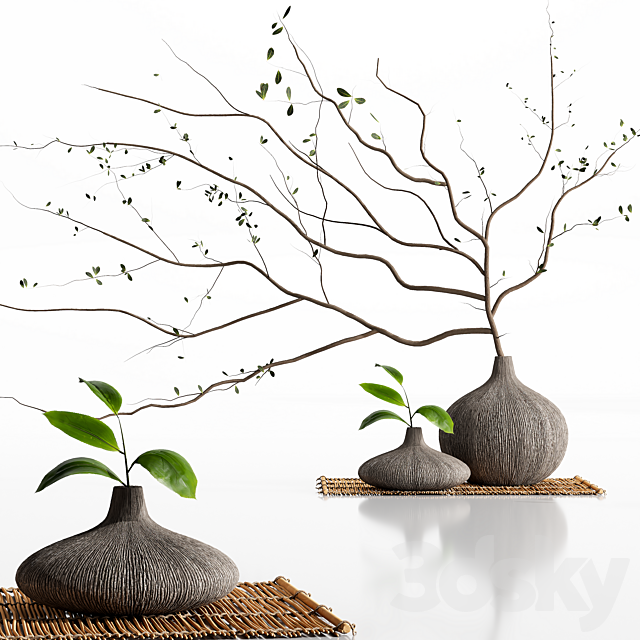 Bouquet of branches with leaves wooden pot set 046 3DSMax File - thumbnail 1