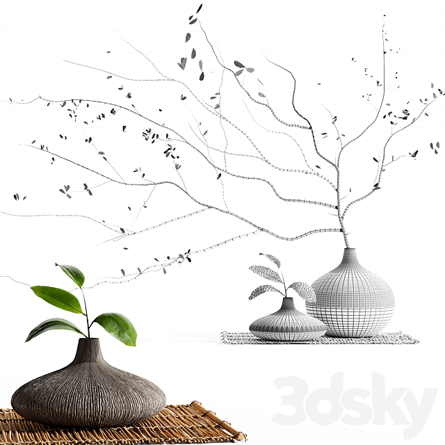 Bouquet of branches with leaves wooden pot set 046 3DSMax File - thumbnail 3