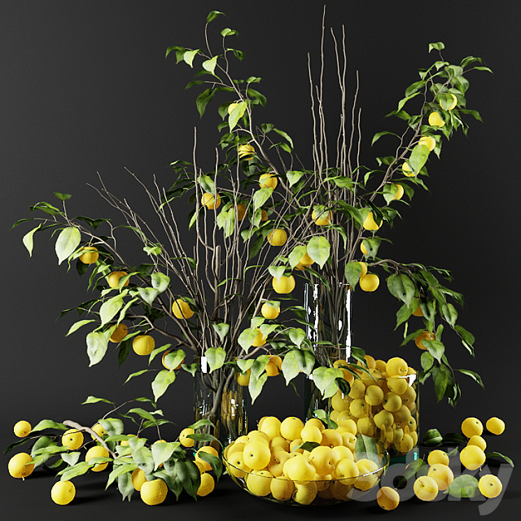 Bouquet of Chinese apple tree branches with yellow apples 3DS Max - thumbnail 2