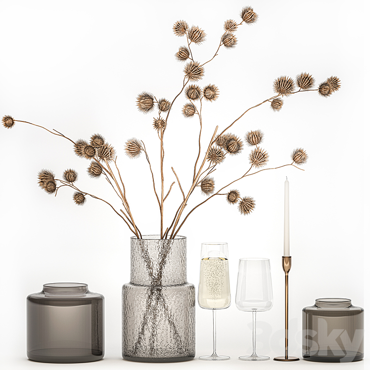 Bouquet of dried flowers from thorn branches burdock with a vase and a glass of sparkling wine. 253 3DS Max Model - thumbnail 3