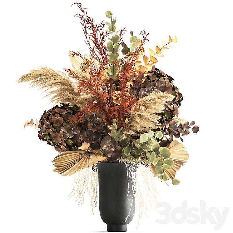 Bouquet of dried flowers in a black vase with dry branches of palm leaves pampas and Hydrangea. 160. 3DS Max Model - thumbnail 1