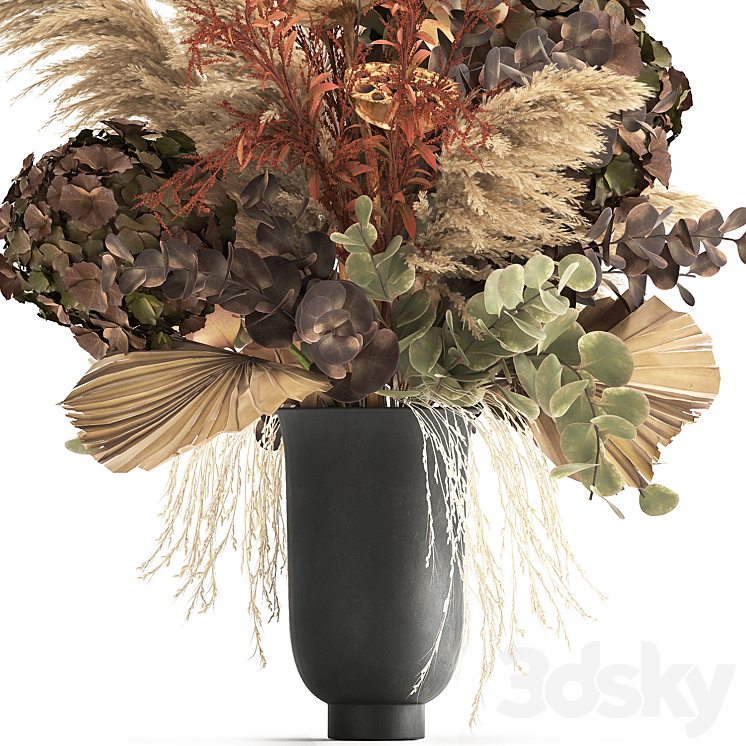 Bouquet of dried flowers in a black vase with dry branches of palm leaves pampas and Hydrangea. 160. 3DS Max Model - thumbnail 2
