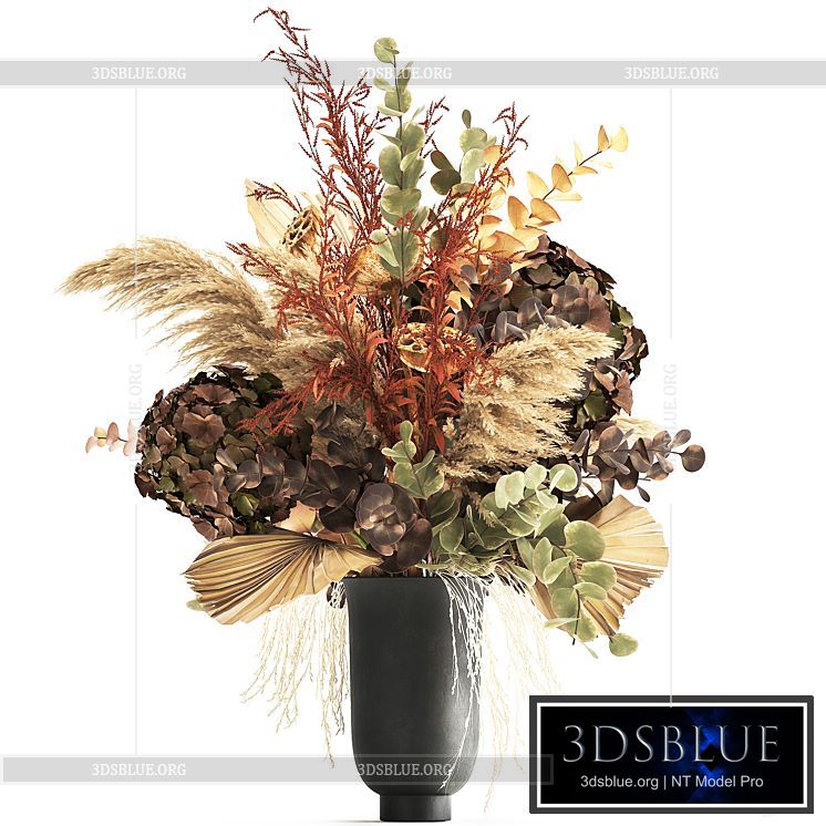 Bouquet of dried flowers in a black vase with dry branches of palm leaves pampas and Hydrangea. 160. 3DS Max - thumbnail 3