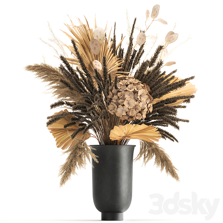 Bouquet of dried flowers in a black vase with dry branches of palm leaves pampas and Hydrangea. 168. 3DS Max Model - thumbnail 3