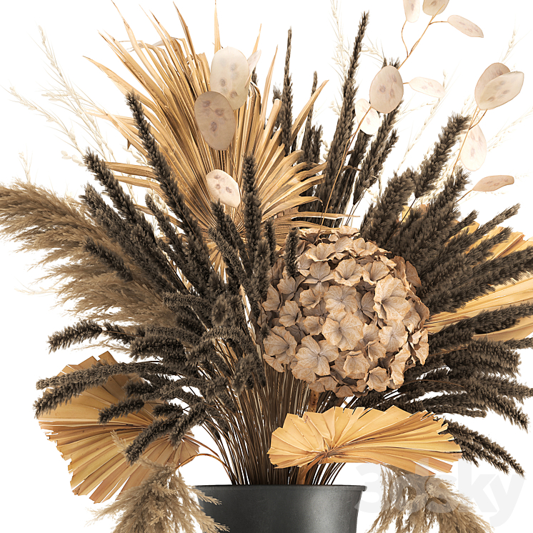 Bouquet of dried flowers in a black vase with dry branches of palm leaves pampas and Hydrangea. 168. 3DS Max - thumbnail 2