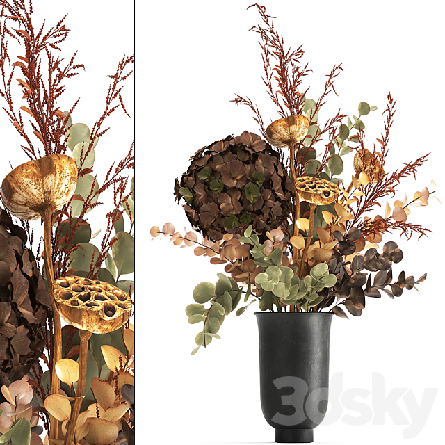 Bouquet of dried flowers in a black vase with dry red branches of Solidago Hydrangea Dry lotus and Barberry . 158. 3ds Max - thumbnail 1