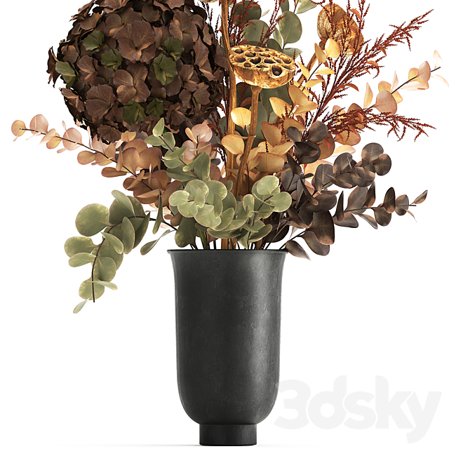 Bouquet of dried flowers in a black vase with dry red branches of Solidago Hydrangea Dry lotus and Barberry . 158. 3ds Max - thumbnail 2