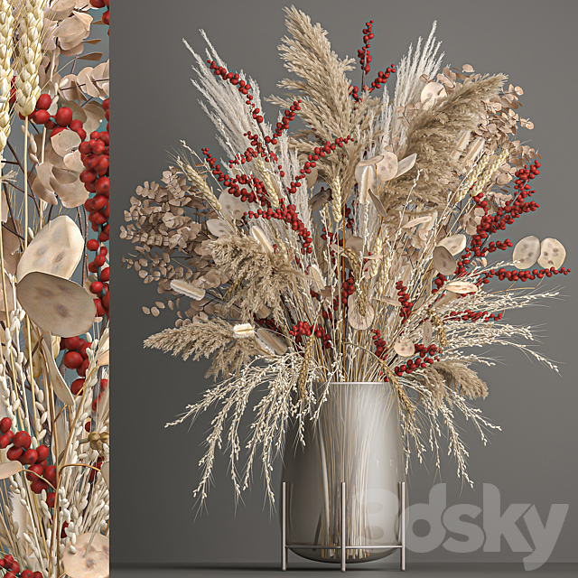 Bouquet of Dried flowers in a glass vase from a branch of pampas grass lunnik. 204 3ds Max - thumbnail 2