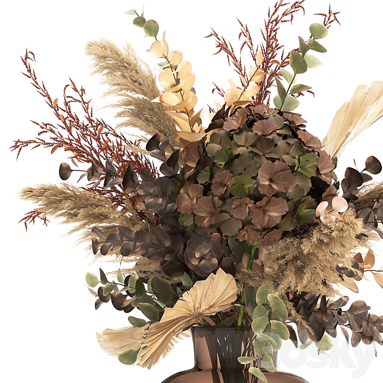 Bouquet of dried flowers in a glass vase with dry branches of palm leaves pampas and Hydrangea. 161. 3DS Max Model - thumbnail 2