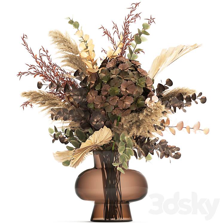 Bouquet of dried flowers in a glass vase with dry branches of palm leaves pampas and Hydrangea. 161. 3DS Max - thumbnail 1