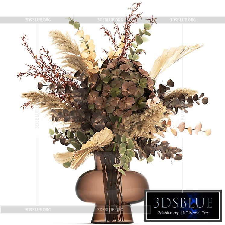 Bouquet of dried flowers in a glass vase with dry branches of palm leaves pampas and Hydrangea. 161. 3DS Max - thumbnail 3