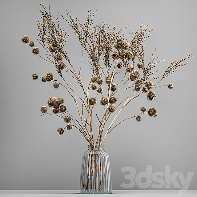 Bouquet of dried flowers in a glass vase with thorn branches and dry thistle. 183. 3ds Max - thumbnail 1