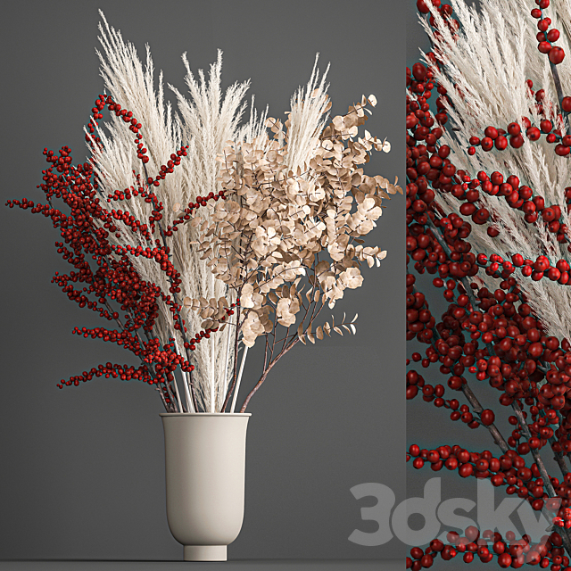 Bouquet of dried flowers in a vase with branches of red berries and white veinik. 199. 3ds Max - thumbnail 1