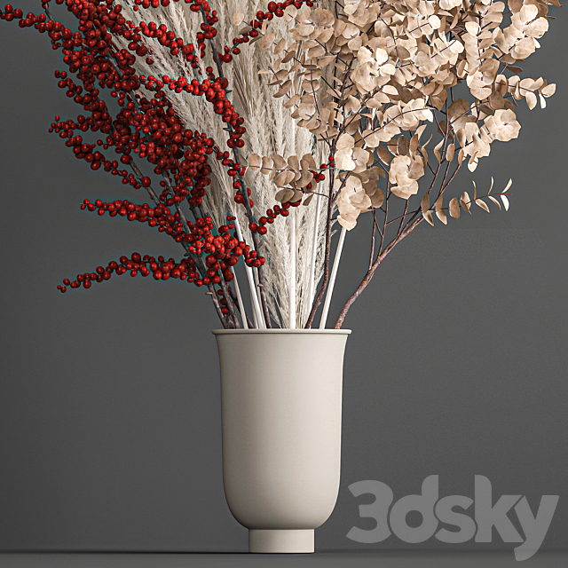 Bouquet of dried flowers in a vase with branches of red berries and white veinik. 199. 3ds Max - thumbnail 2