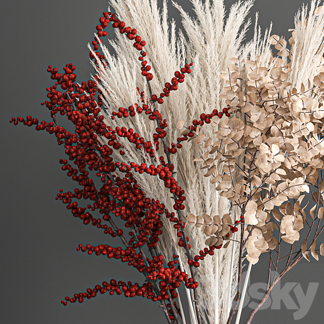 Bouquet of dried flowers in a vase with branches of red berries and white veinik. 199. 3ds Max - thumbnail 3