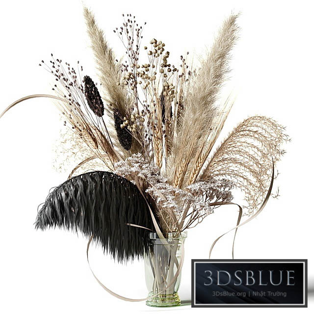 Bouquet of dried flowers with a black feather in a glass vase 3DS Max - thumbnail 3