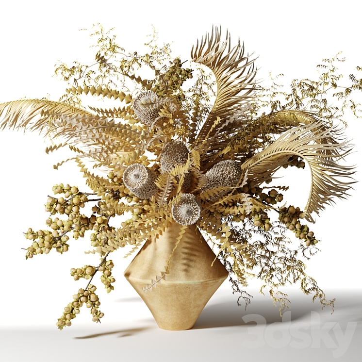 Bouquet of dried flowers with palm leaves bankxia and walnut branches 3DS Max - thumbnail 1