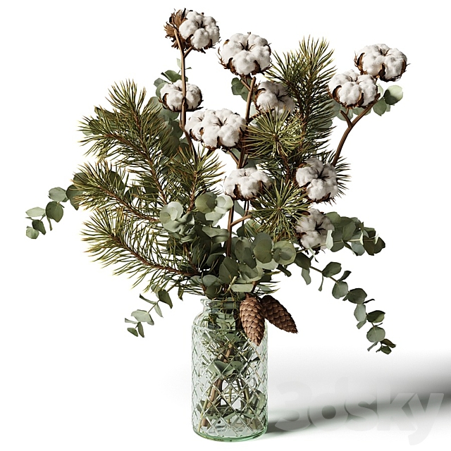 Bouquet of eucalyptus pine and cotton in a glass vase 3DS Max Model - thumbnail 1