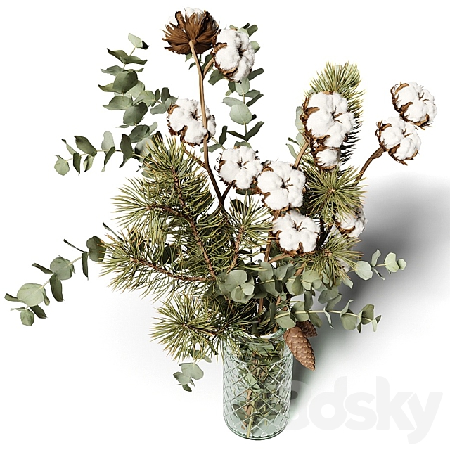 Bouquet of eucalyptus pine and cotton in a glass vase 3DS Max Model - thumbnail 2