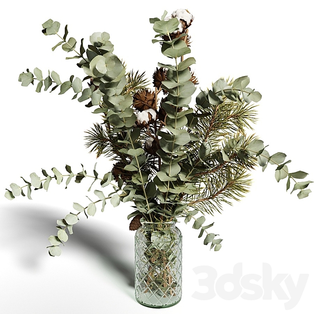 Bouquet of eucalyptus pine and cotton in a glass vase 3DS Max Model - thumbnail 3