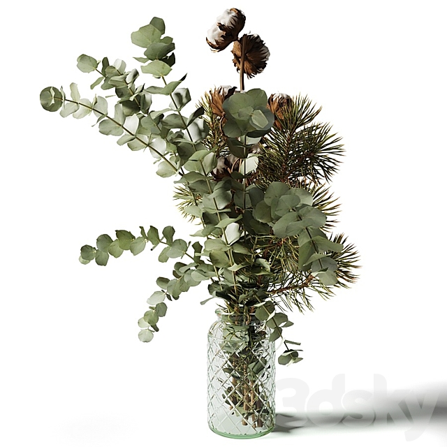 Bouquet of eucalyptus pine and cotton in a glass vase 3DS Max Model - thumbnail 4