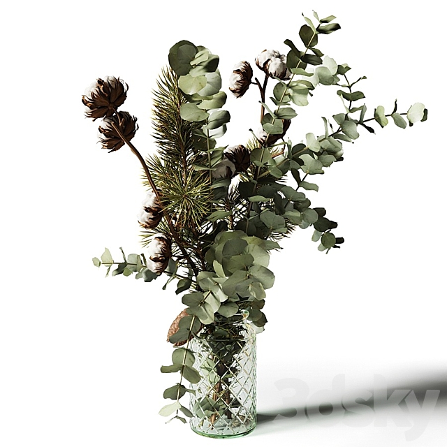 Bouquet of eucalyptus pine and cotton in a glass vase 3DS Max Model - thumbnail 5