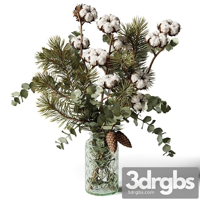 Bouquet of Eucalyptus Pine and Cotton in a Glass Vase 3dsmax Download - thumbnail 1