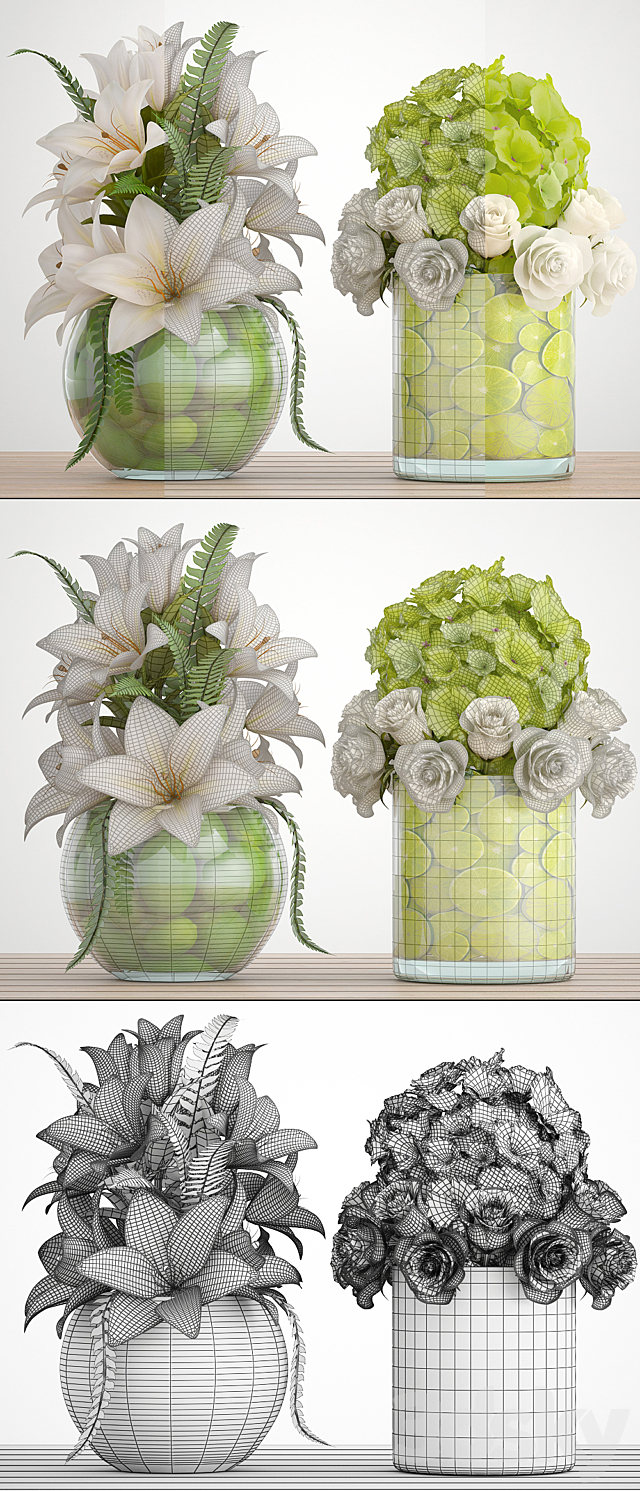 Bouquet of flowers 66. White flowers lilies hydrangea vase with lemon 3DS Max Model - thumbnail 3