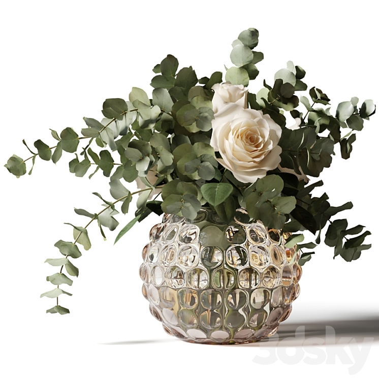 Bouquet of roses and eucalyptus in a glass pimpled vase 3DS Max - thumbnail 1