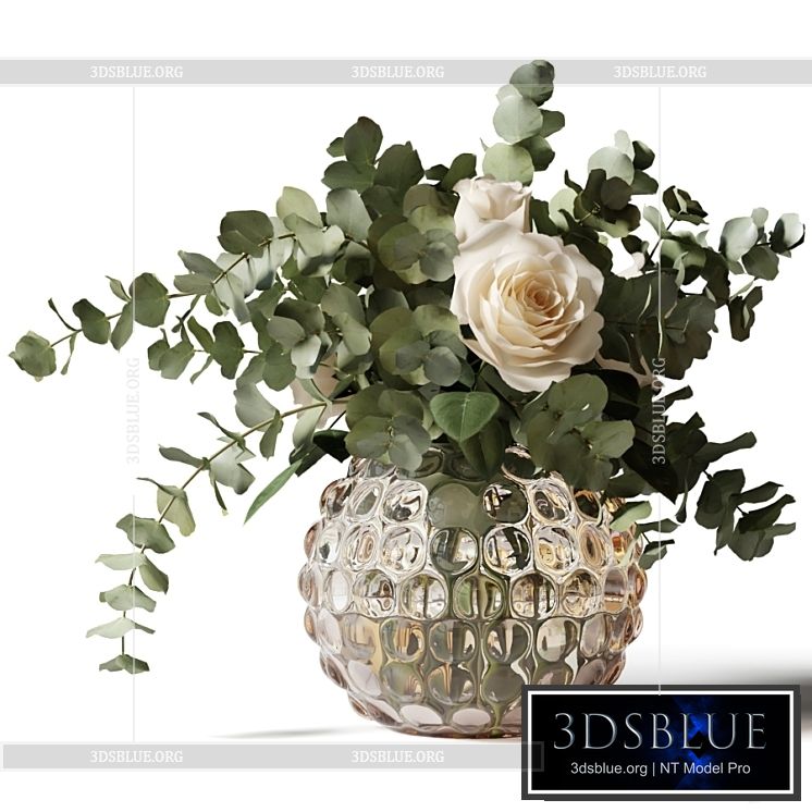 Bouquet of roses and eucalyptus in a glass pimpled vase 3DS Max - thumbnail 3