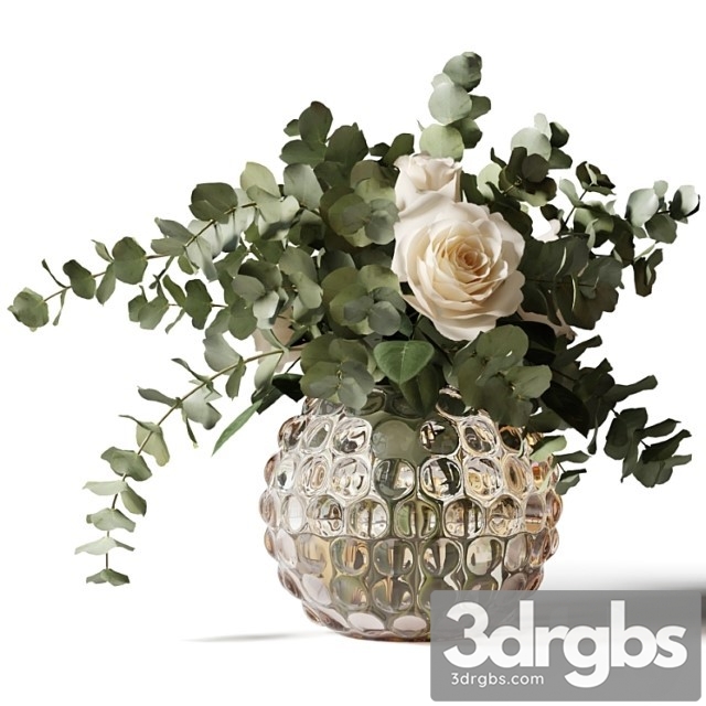 Bouquet Of Roses And Eucalyptus In A Pimply Glass Vase 3dsmax Download - thumbnail 1