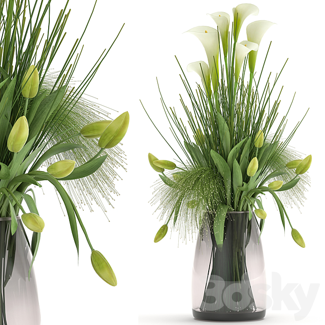 Bouquet of spring green flowers in a glass vase with a tulip Calla. 115. 3ds Max - thumbnail 1