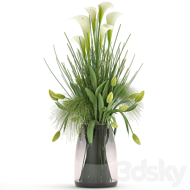 Bouquet of spring green flowers in a glass vase with a tulip Calla. 115. 3ds Max - thumbnail 2