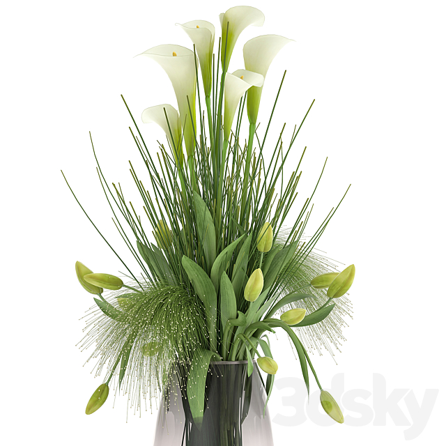 Bouquet of spring green flowers in a glass vase with a tulip Calla. 115. 3ds Max - thumbnail 3