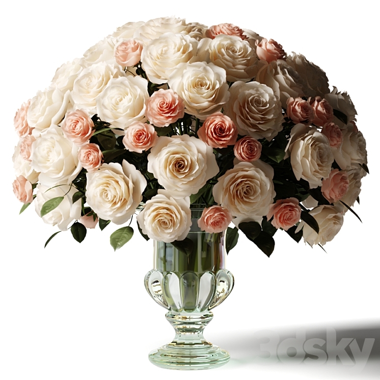 Bouquet of white and pink roses in a glass classic vase 3DS Max Model - thumbnail 1