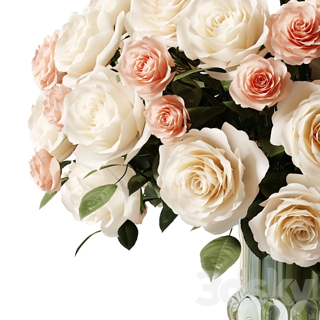 Bouquet of white and pink roses in a glass classic vase 3DS Max Model - thumbnail 4