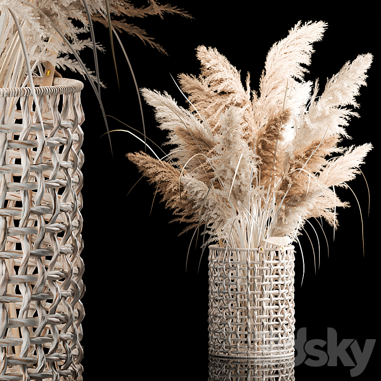 Bouquet of white dried flowers in a wicker basket reeds pampas grass Cortaderia. 256. 3DS Max Model - thumbnail 1