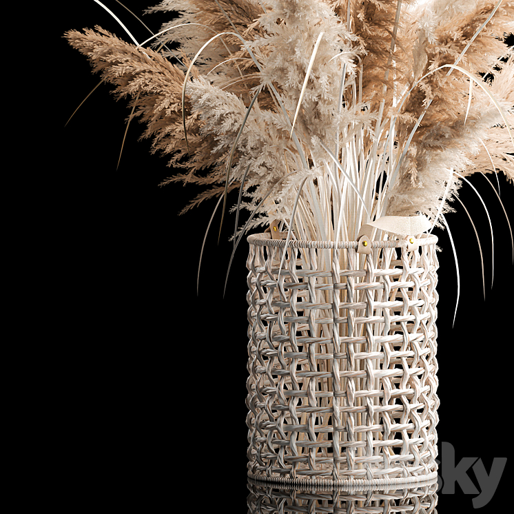Bouquet of white dried flowers in a wicker basket reeds pampas grass Cortaderia. 256. 3DS Max Model - thumbnail 2