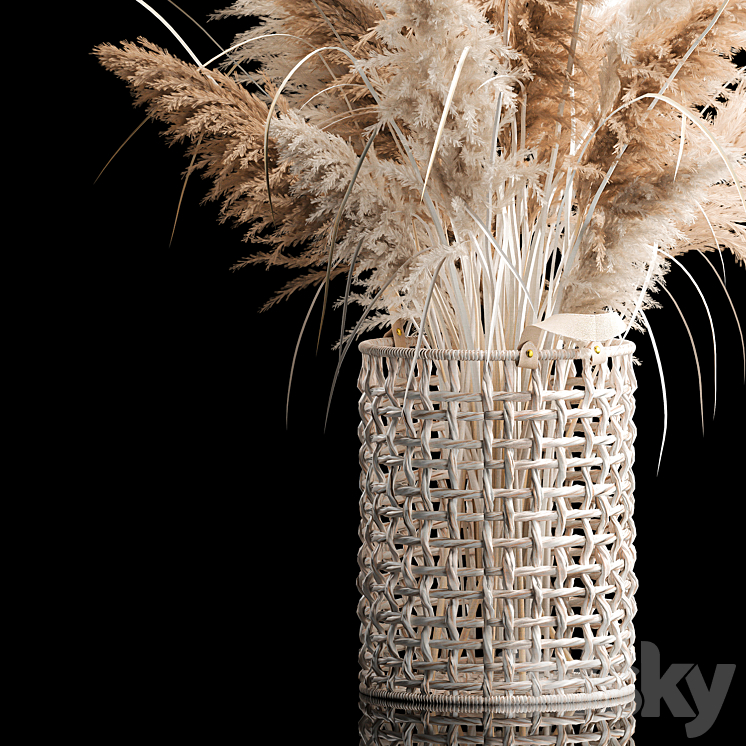 Bouquet of white dried flowers in a wicker basket reeds pampas grass Cortaderia. 256. 3DS Max - thumbnail 2