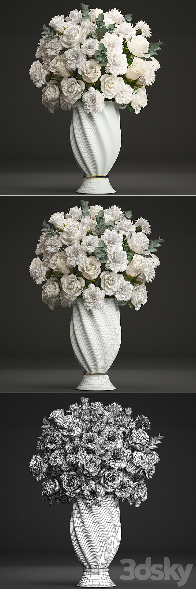 Bouquet of white flowers 35. Spring bouquet vase eucalyptus white rose carnation luxury decor classic vase 3DS Max Model - thumbnail 3