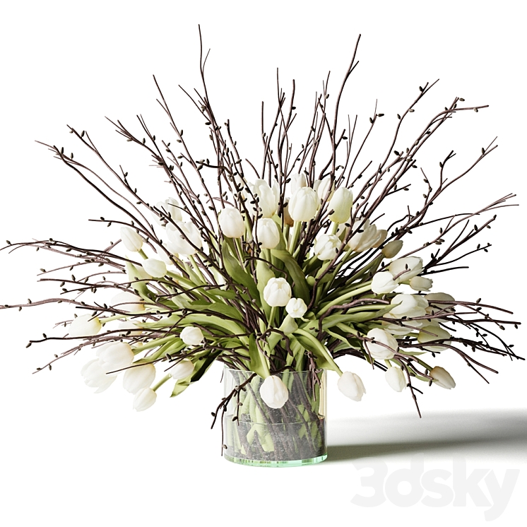 Bouquet of white tulips and branches in a glass vase 3DS Max Model - thumbnail 1