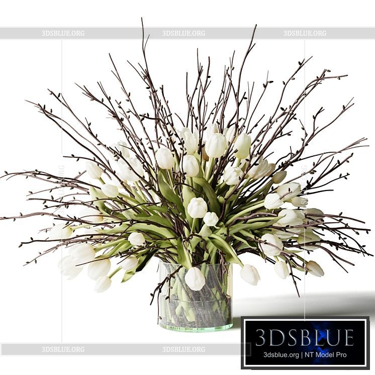 Bouquet of white tulips and branches in a glass vase 3DS Max - thumbnail 3