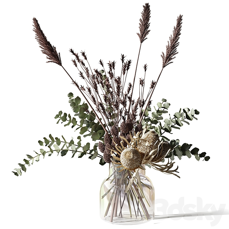 Bouquet with eucalyptus bankxias and tall grass in a glass vase 3DS Max - thumbnail 1