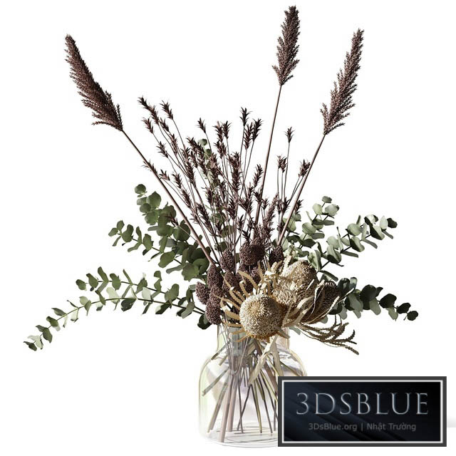 Bouquet with eucalyptus bankxias and tall grass in a glass vase 3DS Max - thumbnail 3